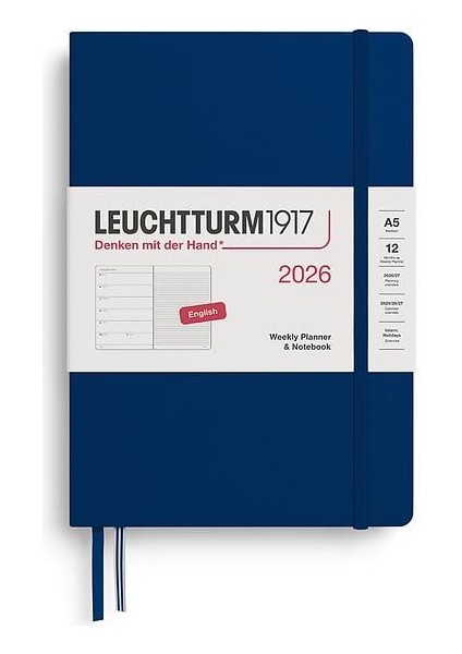 LEUCHTTURM1917 Orta Boy (A5) 12 Aylık Ajanda ve Not Defteri (Çizgili) 2026 Sert Kapak, Ingilizce, Navy 372661