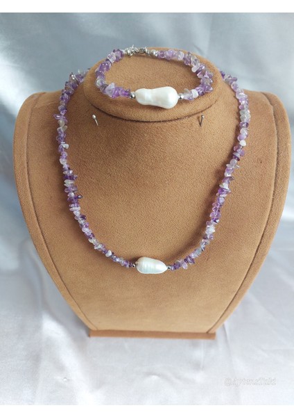 Doğal Ametist Taşlı Iri Barok Inci Kolye Bileklik Seti