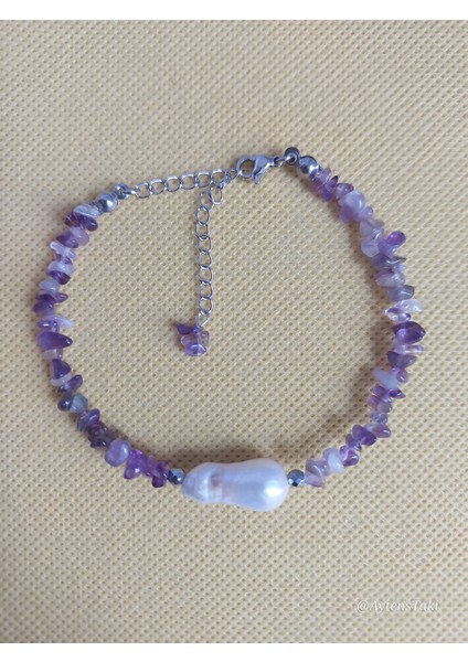 Doğal Ametist Taşlı Iri Barok Inci Kolye Bileklik Seti modelleri