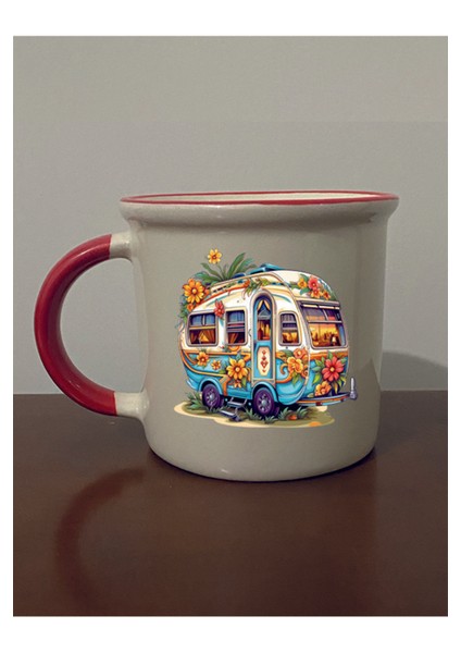 Karavanlı Kırmız Ağızlı Kupa Bardak - Seramik Çay, Kahve Hediyelik Bardağı