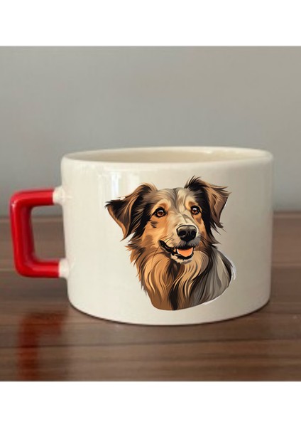 Köpekli Baskılı Kırmızı Kulplu Fincan Seramik Kupa - Seramik Çay, Kahve Hediyelik Bardağı