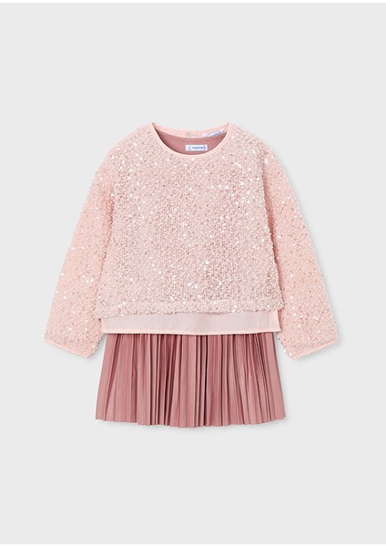 Kız Çocuk Askılı Elbise ve Kazak Takımı (4-10 Yaş) – Pembe Pileli Elbise, Payetli Kazak