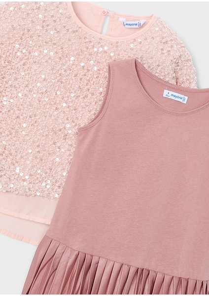 Kız Çocuk Askılı Elbise ve Kazak Takımı (4-10 Yaş) – Pembe Pileli Elbise, Payetli Kazak modelleri