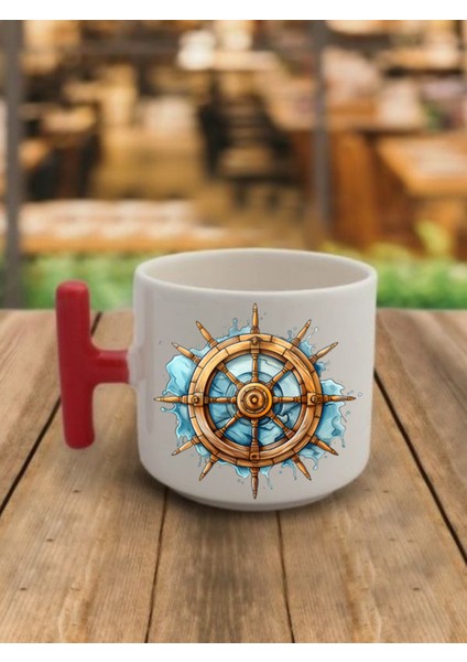Gemi Dümeni Görselli Kahve Bardağı Seramik Kupa - Seramik Çay, Kahve Hediyelik Bardağı