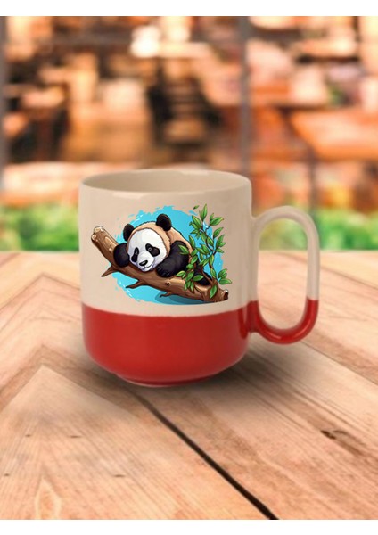 Panda Baskılı Kırmızı Tabanlı Kupa Bardak - Seramik Çay, Kahve Hediyelik Bardağı