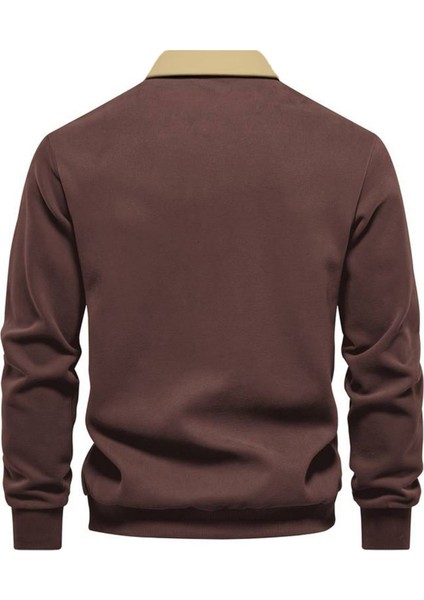 Erkek Retro Renk Bloklu Pamuklu Gömlek Yaka Sweatshirt fırsatları