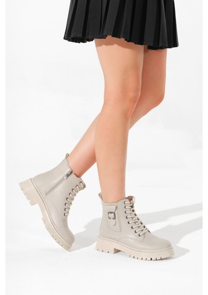 Kadın Bej Kalın Termo Taban Tokalı Bağcıklı ve Fermuarlı Bot modelleri