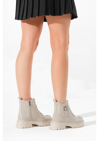 Kadın Bej Kalın Termo Taban Tokalı Bağcıklı ve Fermuarlı Bot indirimleri