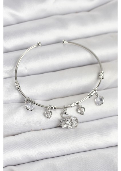 Kuğu Charmlı Gümüş Renk Kadın Bileklik