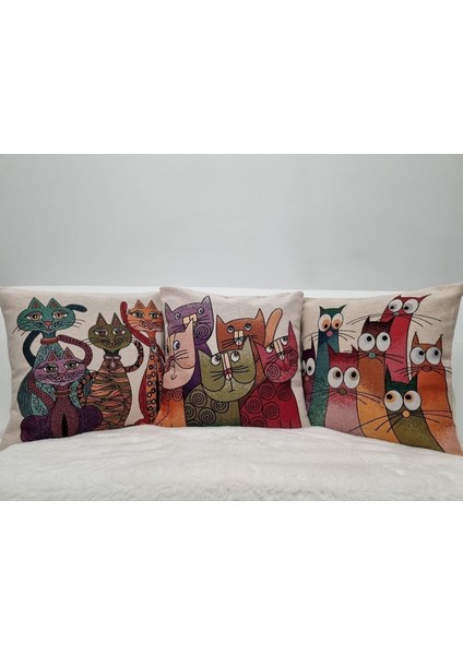 Goblen Dokuma Kediler 3 Adet Kırlent Kılıf