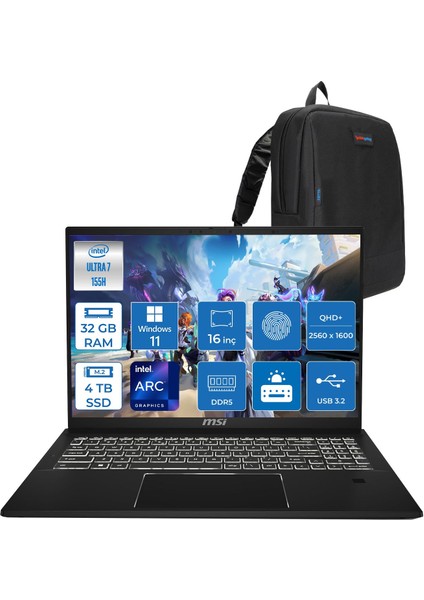Msı Summit E16 Aı Evo A1MTG Intel Ultra 7 155H 32 GB 4tb SSD Arc Graphics 16" QHD+(2560X1600) 165Hz IPS Dokunmatik WIN11PRO Ikisi Bir Arada Notebook 015TRP05+ZETTAÇANTA