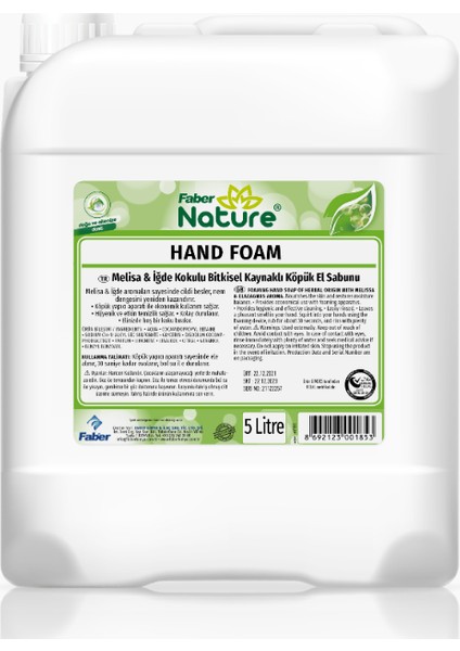Faber Nature Hand Foam Melisa & Iğde - Bitkisel Esaslı Köpük El Sabunu (5 L Bidon)