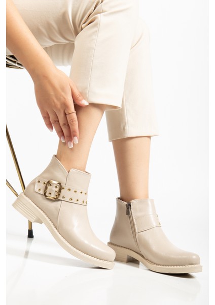 Kadın Bej Cilt Kalın Termo Taban Kemer Toka Detaylı Fermuarlı Bot