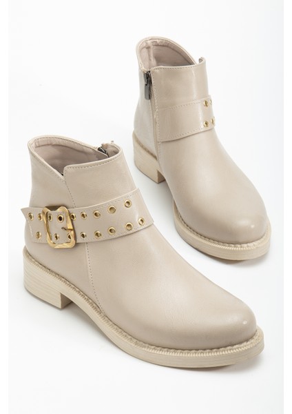 Kadın Bej Cilt Kalın Termo Taban Kemer Toka Detaylı Fermuarlı Bot modelleri