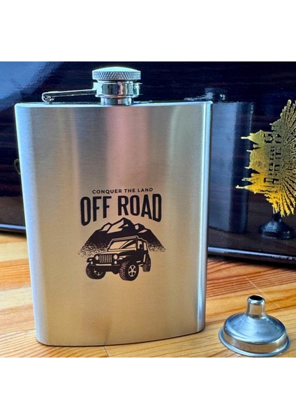 8 Oz 235 cc Hunili Cep Tipi Kapaklı Çelik Off Road Temalı Içki Matarası modelleri