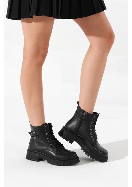 Kadın Siyah Kalın Termo Taban Yuvarlak Tokalı Bağcıklı ve Fermuarlı Bot modelleri
