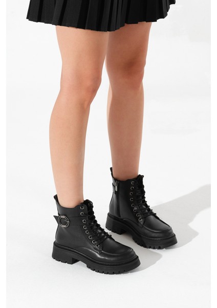 Kadın Siyah Kalın Termo Taban Yuvarlak Tokalı Bağcıklı ve Fermuarlı Bot fırsatları