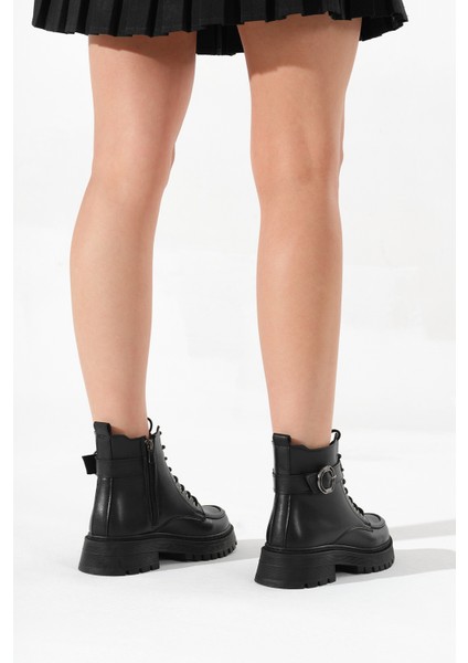 Kadın Siyah Kalın Termo Taban Yuvarlak Tokalı Bağcıklı ve Fermuarlı Bot indirimleri