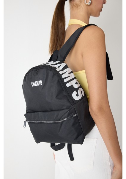 Powerspeed Kadın Siyah Önü Fermuarlı Baskılı Kumaş Sırt Çantası