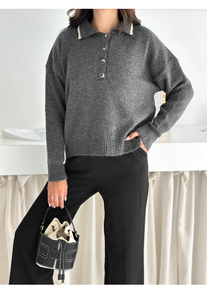 Polo Yaka Düğmeli Yumuşak Dokulu Triko Kazak fiyatları