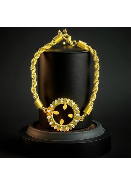 Halat Zincirli Çeyrek Altın Çerçeveli Çelik Bileklik