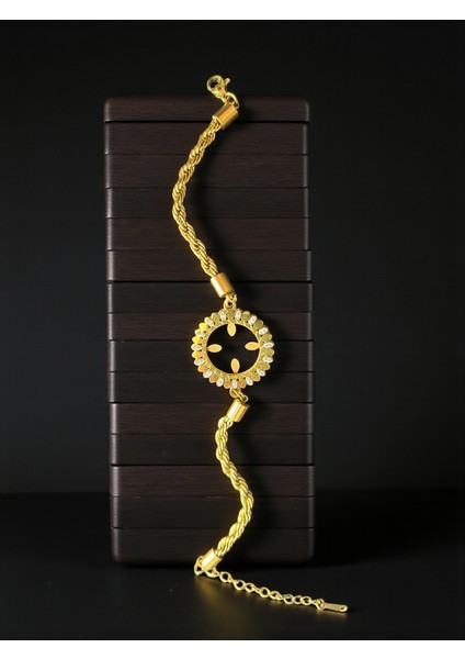 Halat Zincirli Çeyrek Altın Çerçeveli Çelik Bileklik modelleri