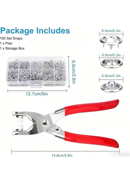 100 Adet Paslanmaz Çelik Çıtçıt ve Pense Seti - Profesyonel Metal Çıt Çıt Makinesi - Deri, Kumaş ve Tekstil Perçin Montaj Aparatı