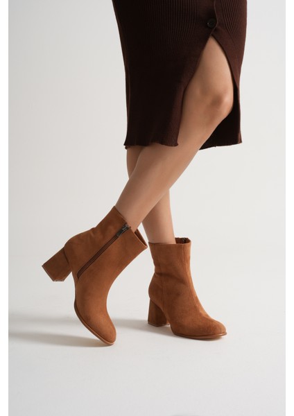 Kadın Taba Neolit Taban Süet Görünümlü Fermuarlı Kalın Topuklu Bot