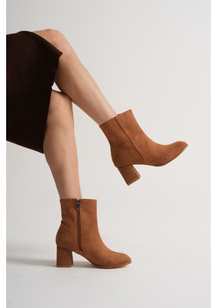 Kadın Taba Neolit Taban Süet Görünümlü Fermuarlı Kalın Topuklu Bot modelleri