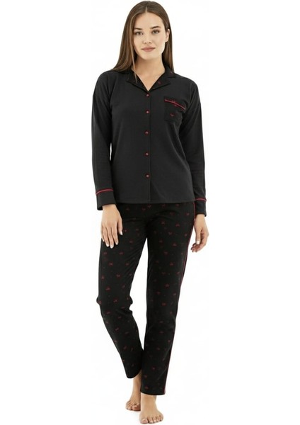 Waffle Uzun Kol Bebe Yaka Düğmeli Kadın Pijama Takımı