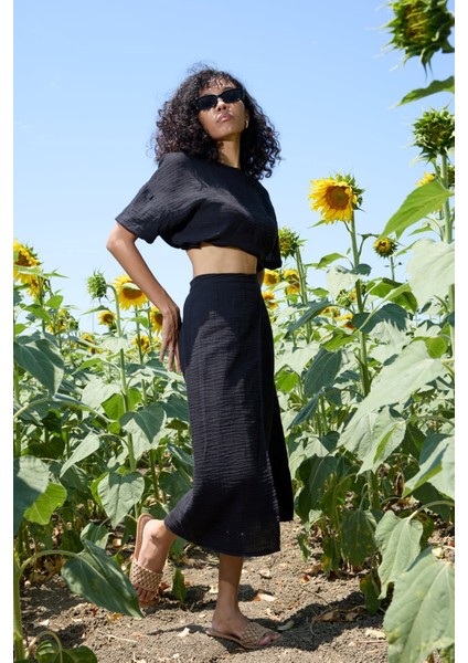 Midnight Breeze – Çift Katlı Müslin Yırtmaçlı Etek modelleri