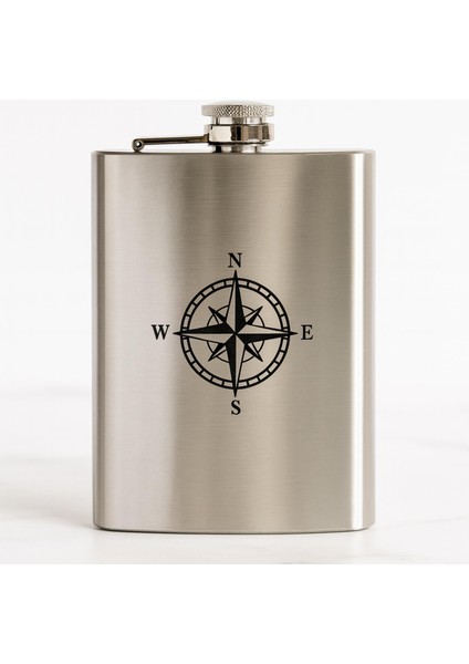 8 Oz 235 cc Hunili Cep Tipi Kapaklı Çelik Kamp Pusula Temalı Içki Matarası