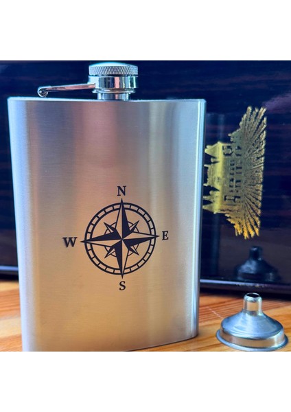 8 Oz 235 cc Hunili Cep Tipi Kapaklı Çelik Kamp Pusula Temalı Içki Matarası modelleri