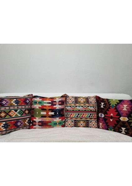 Goblen Dokuma Türk Kilim Desen 4 Adet Kırlent Kılıf