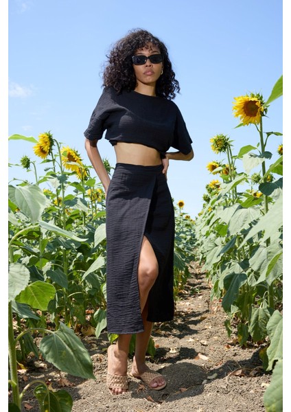 Midnight Breeze – Çift Katlı Müslin Yırtmaçlı Etek fiyatları