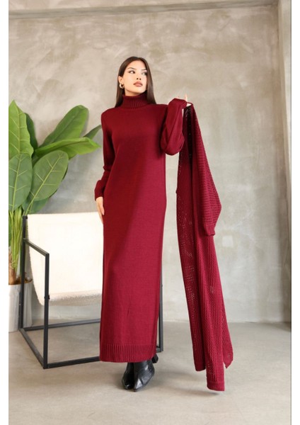 Kadın Boğazlı Triko Elbise ve Uzun Hırka Ikili Takım-Bordo