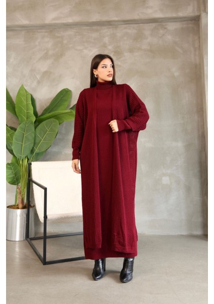 Kadın Boğazlı Triko Elbise ve Uzun Hırka Ikili Takım-Bordo fiyatları
