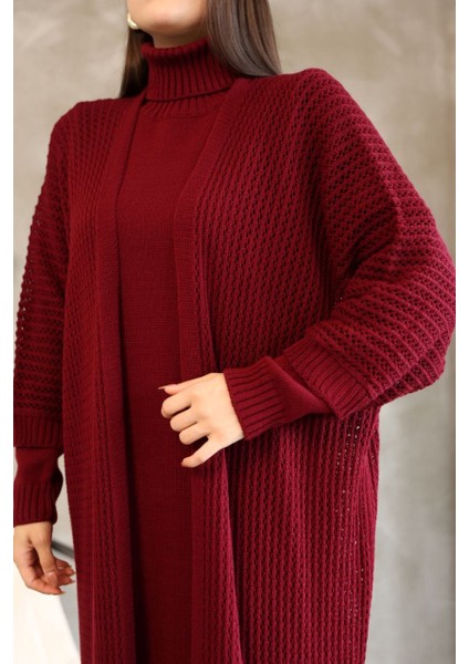 Kadın Boğazlı Triko Elbise ve Uzun Hırka Ikili Takım-Bordo modelleri