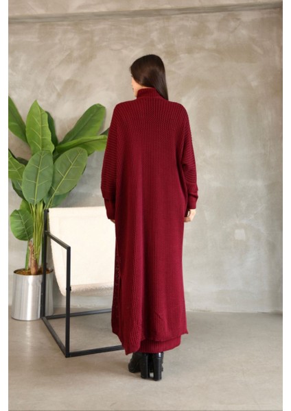 Kadın Boğazlı Triko Elbise ve Uzun Hırka Ikili Takım-Bordo fırsatları