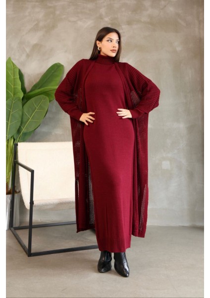 Kadın Boğazlı Triko Elbise ve Uzun Hırka Ikili Takım-Bordo indirimleri