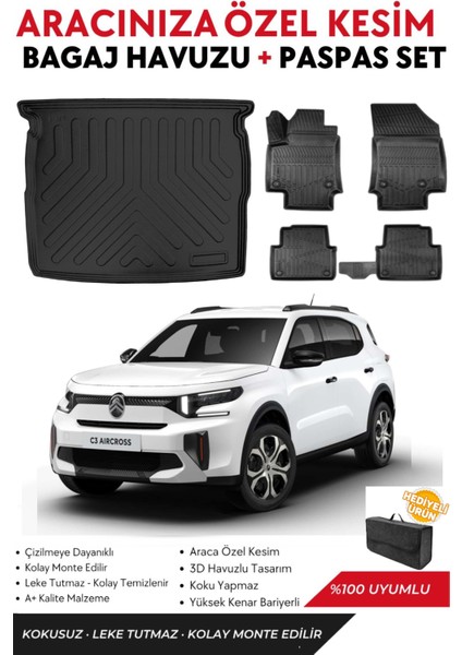 Citroen C3 Aircross 2024-2025 Model Hybrid Üst Bagaj Havuzu+Paspas Full Takım+Hediyeli