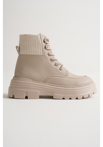 Kadın Bej Kalın Eva Taban Boğazı Lastikli Bağcıklı Bot fiyatları