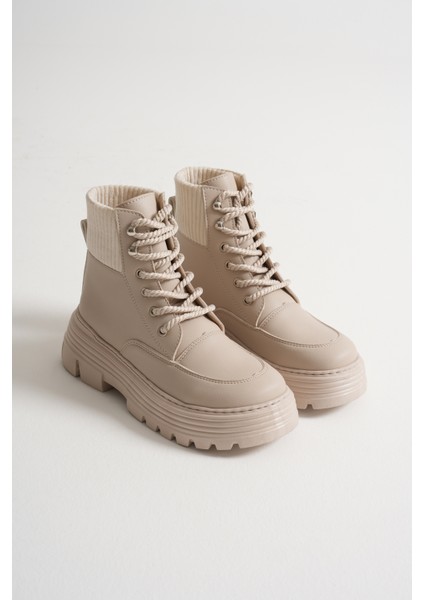 Kadın Bej Kalın Eva Taban Boğazı Lastikli Bağcıklı Bot fırsatları