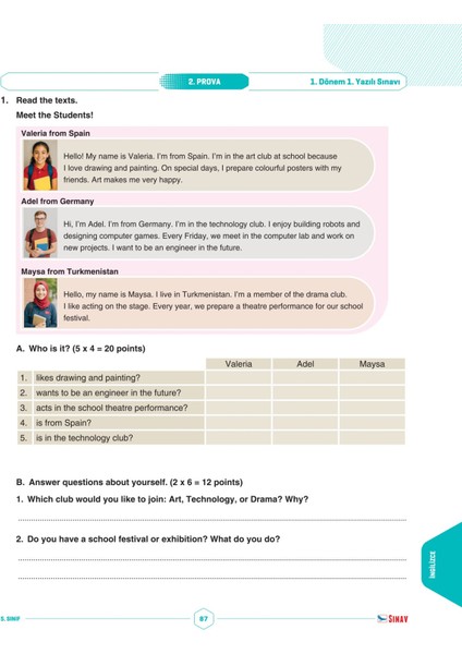 5. Sınıf Tüm Dersler 1. Dönem 1. Yazılı Kitabı