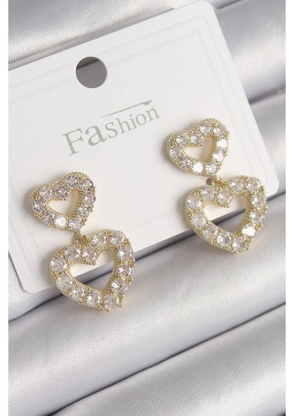 Pirinç Gold Renk Zirkon Taşlı Sallantı Kalp Model Kadın Küpe - Lisinya