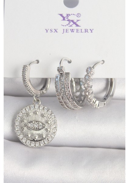 Pirinç Gümüş Renk Zirkon Taşlı Göz Işlemeli Halka Model 3'lü Kadın Kombin Küpe - Lisinya