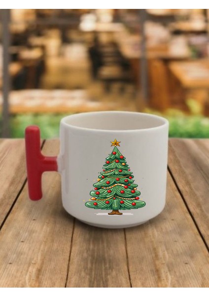 Yılbaşı Ağacı Görselli Yeni Yıl Yılbaşı Hediyelik Kırmızı Kulplu Kahve Bardağı