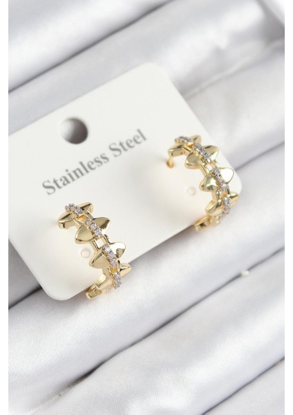 Çelik Zirkon Taşlı Çit Halka Model Gold Renk Kadın Küpe