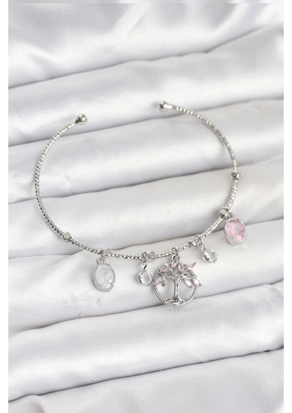 Hayat Ağacı Charmlı Gümüş Renk Pirinç Kadın Bileklik