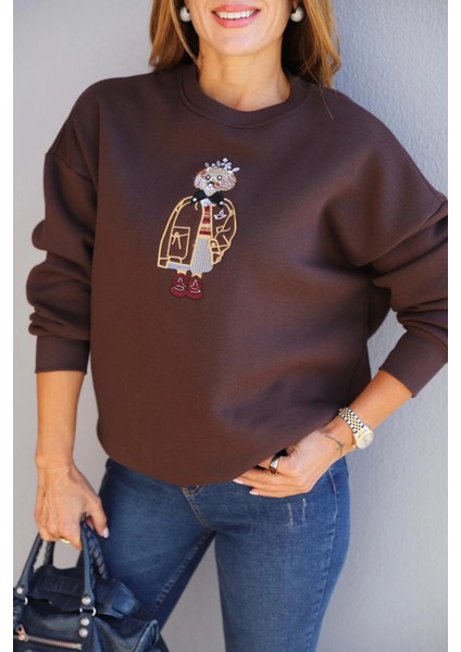 Kahverengi Taşlı Teddy Işleme Detay Sweatshirt